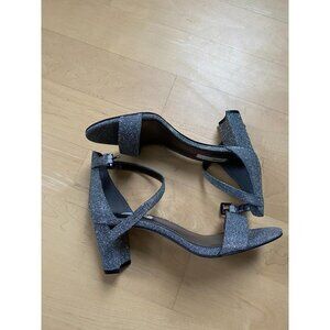 NINE West "Pruce" Silver Glitter Block Heel Ankle Strap Women New Sandal